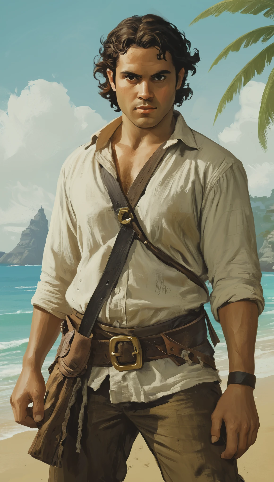 An illustrated movie poster of a pirate, 28 years-old, wearing a linen shirt, stocky, soft doughy physique, deep brown eyes, wide bulbous nose, full lips, black hair, curly swept-back hair, thick bushy eyebrows, extremely hairy chest, stomach, and arms, lots of body hair, posing on a tropical beach, hand-drawn, full color, multi-color, shadows, graphite shading, stencil marks, airbrushed acrylic paint, masterpiece, in the style of Breath of the Wild 
