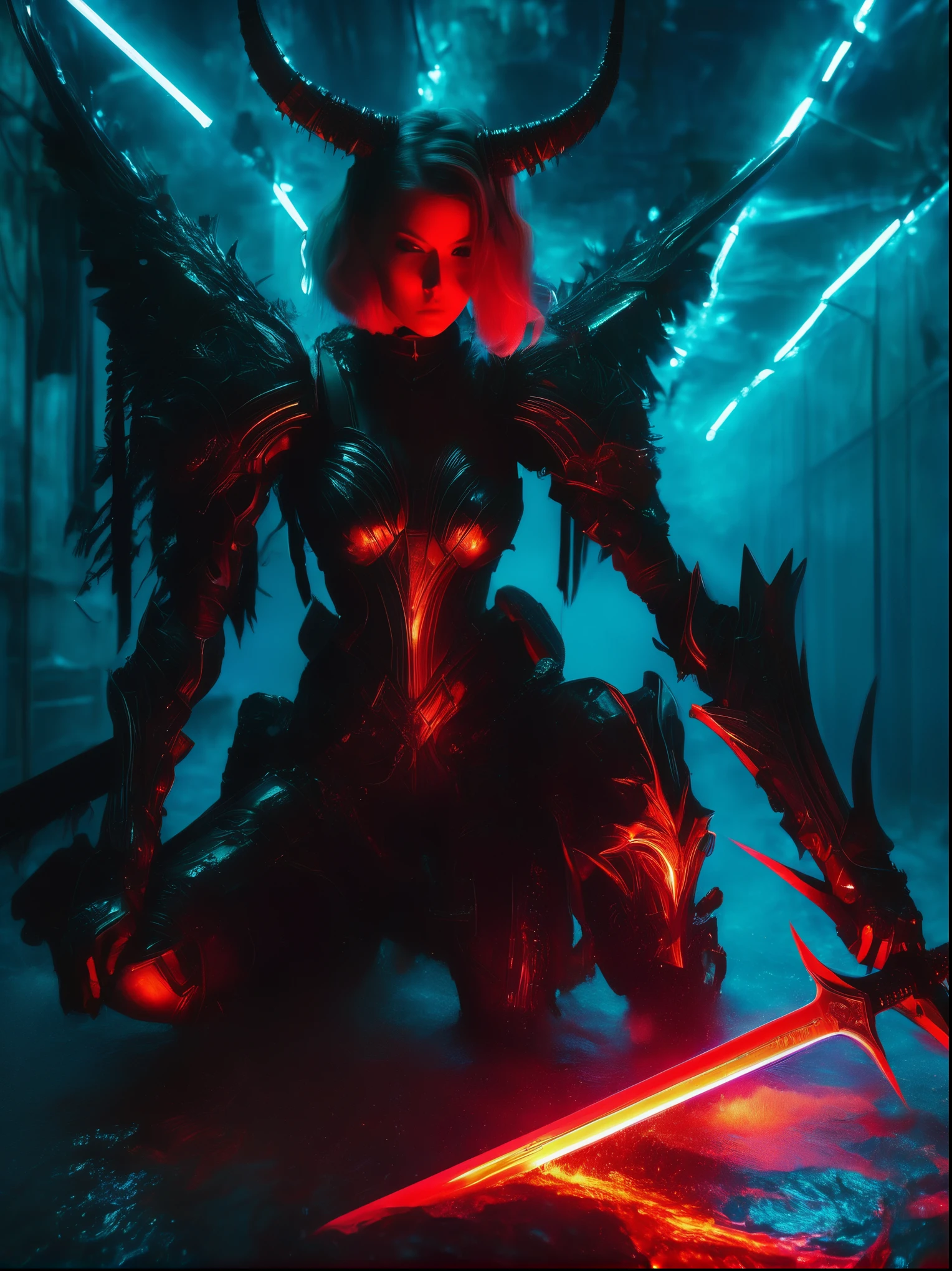 Cyberpunk helllady warrior in neon mecha armor，female swordsman Holding a sword in a pool of blood，solo，Luminescence&#39;s light eyes，Devil&#39;s Wings，Wide-angle lens，biology，weird，Creepy，nightmarish，Very bright neon colors，Light Particles，Luminescence，Best Photo of the Year Winner，the world on fire，Post-apocalyptic hellscape，Military photography，Epic Photo of the Yeare on the horizon，Epic movie shots，Pure form，Intricate details，8k，Post-production，high resolution，Super Detail