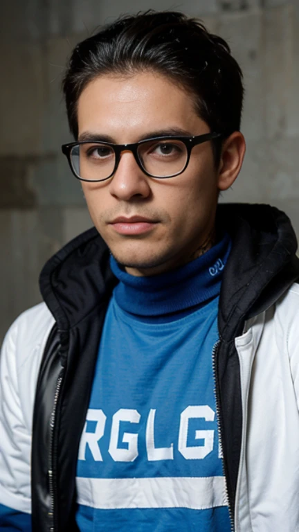 25 year old boy, rostro delgado, sin barba, ojos color azul, cuerpo completo , hiperrealista, con lentes, chaqueta con capucha, serious look, collar en el cuello, cabello de un punk, cabello negro, piel blanca.