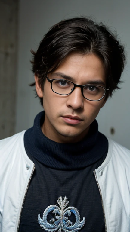 25 year old boy, rostro delgado, sin barba, ojos color azul, cuerpo completo , hiperrealista, con lentes, chaqueta con capucha, serious look, collar en el cuello, cabello de un punk, cabello negro, piel blanca.
