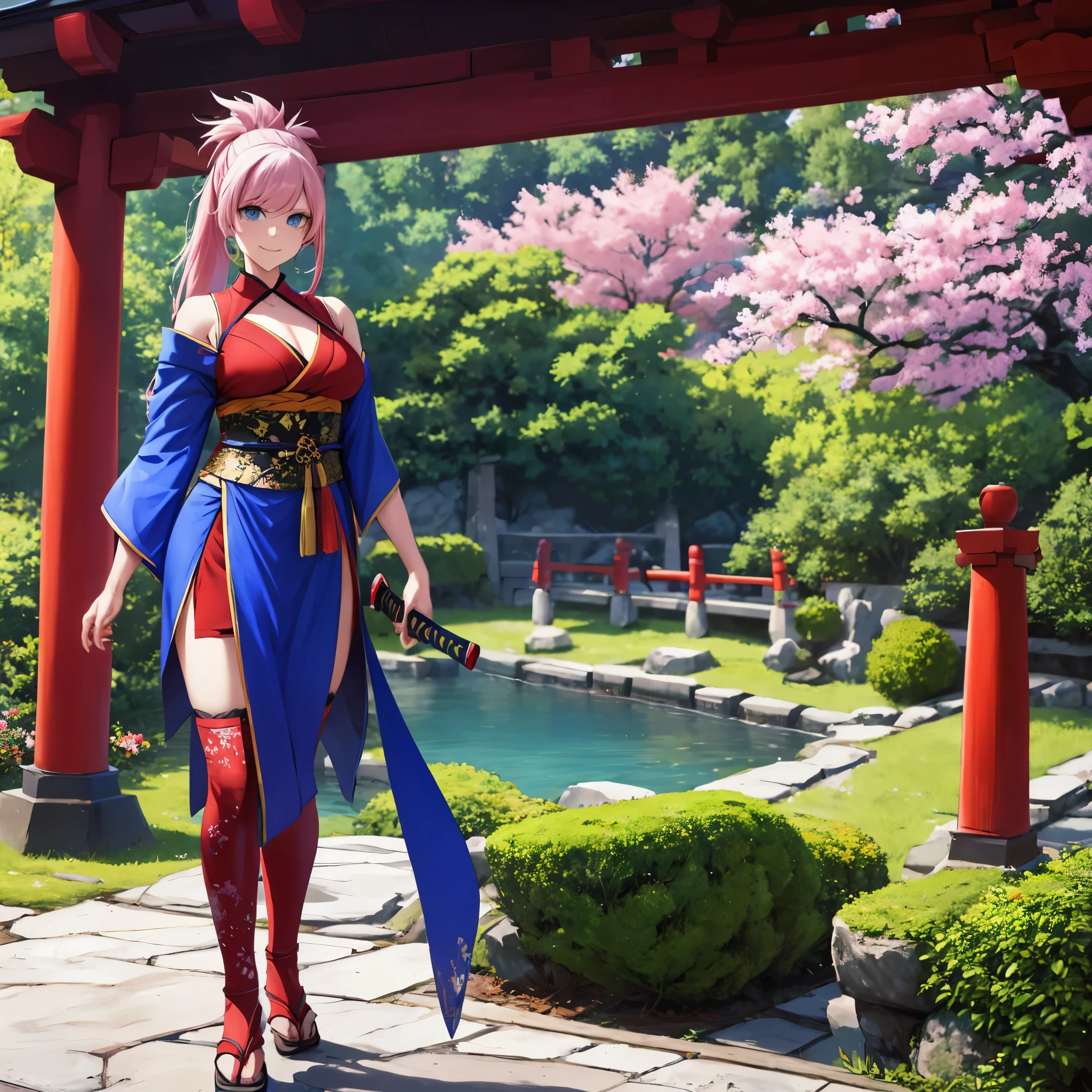 a woman wearing a blue sleeveless kimono, long pink hair, ponytail hair, blue eyes, long red stockings, holding a katana without a sheath, walking on a stone walkway in a Japanese garden with red Japanese arches, smiling, .HDR, ultra resolution, well defined, masterpiece, full body, 8K HD. (woman alone)
