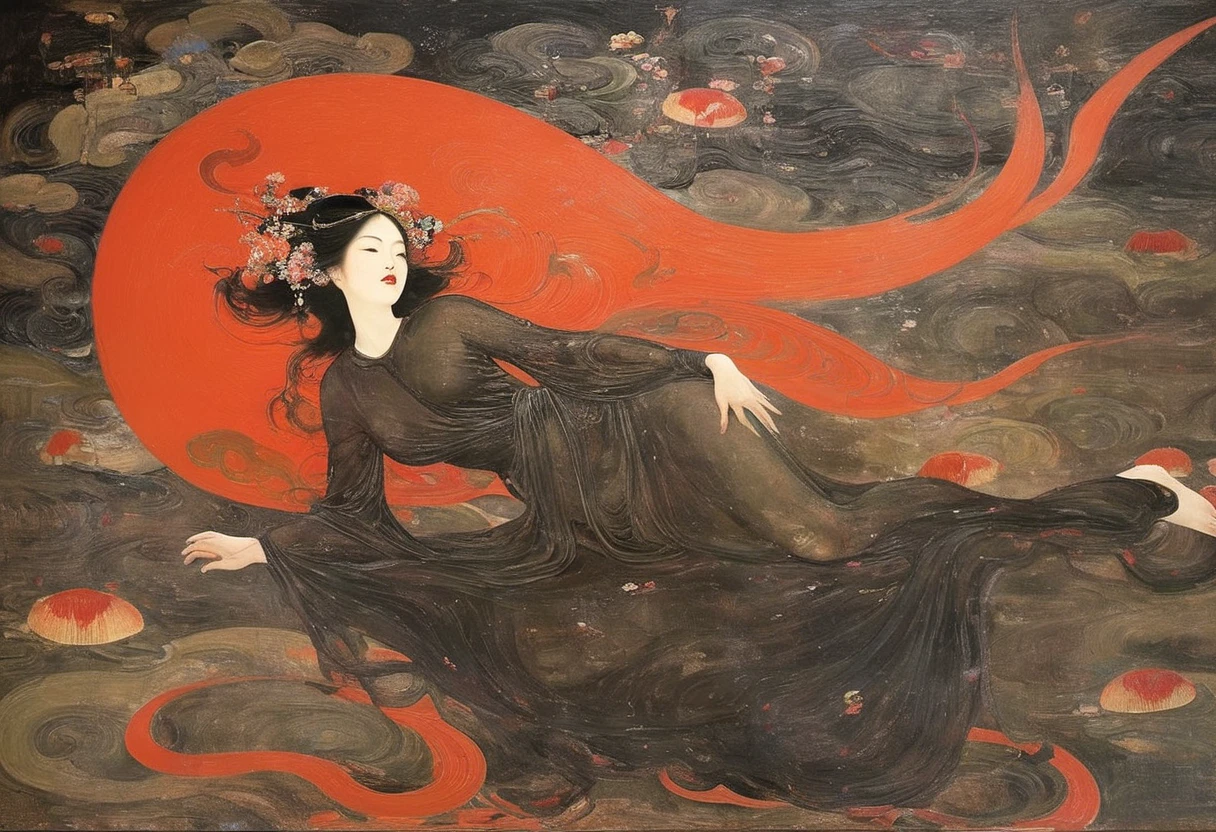 A provocative painting，whole body，flight，Flying，float，Anatomically correct:2,Depicting a girl from hell，float在迷人的红黑色烟云中, embodying the allure and power ，epic ，heightens the theatricality and mystique of her character. ，Otherworldly beauty and glamour., Enhances feminine charm and awesome presence.，Clever use of light and shadow，Adds depth and drama to the scene., Draws audiences into a narrative of dark elegance and intrigue. This masterpiece, Created by the famous painter Gustav Klimt, Delve deep into the realms of fantasy and mythology, Inviting viewers to explore the complexity of beauty, strength, and the mysterious lady from hell. float，float:2