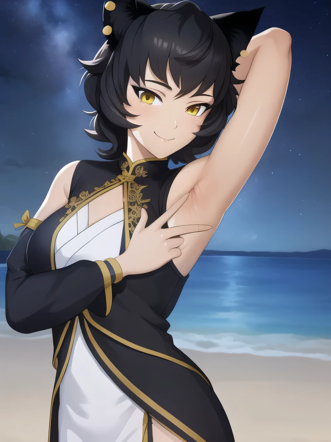 8k, highly detailed,
kali belladonna,
dress,
solo, night sky, beach, kali belladonna, contrapposto, closed mouth, spread armpit, arms behind head, smile, looking at viewer, upper body,