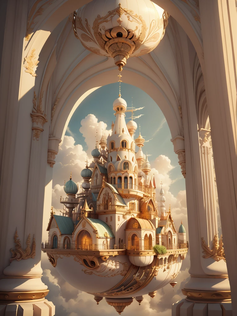 A beautiful ivory and gold dirigible floating gracefully amongst the clouds. The dirigible has intricate details with its ivory-colored body and gold accents. The craftsmanship is of the highest quality, with exquisite engravings and delicate patterns. The clouds surrounding the dirigible create a dreamy and ethereal atmosphere. The sunlight filters through the clouds, casting a golden glow on the airship. The scene is captured in a medium of digital illustration, combining the realism of photography with the artistic touch of concept art. The colors are vibrant and vivid, with a warm color palette dominated by gold and ivory tones. The lighting is soft yet dramatic, emphasizing the elegance and grandeur of the dirigible. The overall image quality is exceptional, with ultra-detailed elements and a high-resolution rendering. Every minute detail, from the individual clouds to the smallest gold embellishment, is immaculately represented. The prompt is carefully designed to generate a visually stunning and awe-inspiring image of an ivory and gold dirigible floating amidst the clouds.