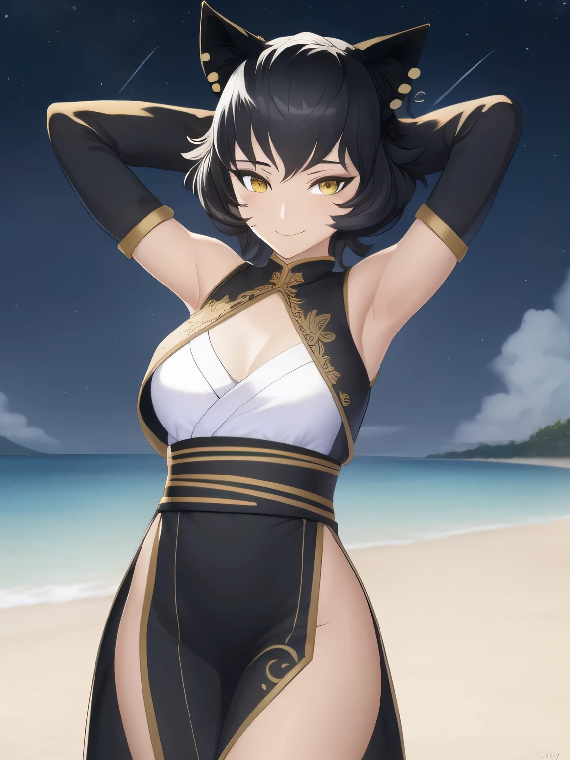 8k, highly detailed,
kali belladonna,
dress,
solo, night sky, beach, kali belladonna, contrapposto, closed mouth, spread armpit, arms behind head, smile, looking at viewer, (cowboy shot:1.5),