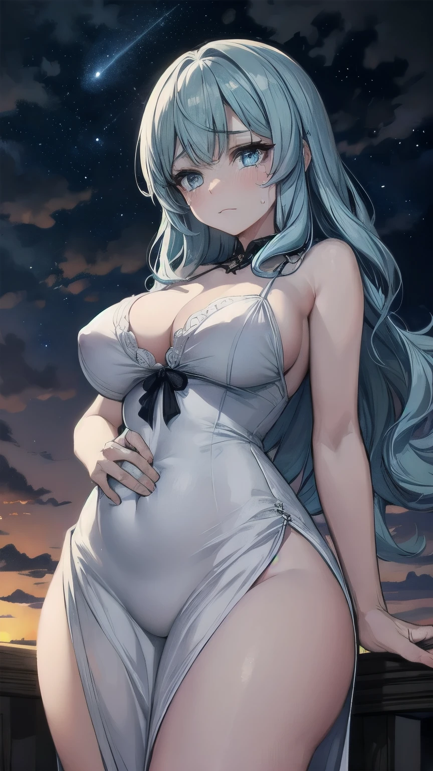 (masterpiece), best quality, emotionless eyes, perfect face, 1girl, solo, huge breasts, sad, blunt bangs, hourglass figure, milf, mother, long hair, wavy hair, (light blue hair BREAK light blue eyes BREAK) lipstick, :( closed mouth, crying, white sundress, looking down, night sky, dark clouds, outdoors