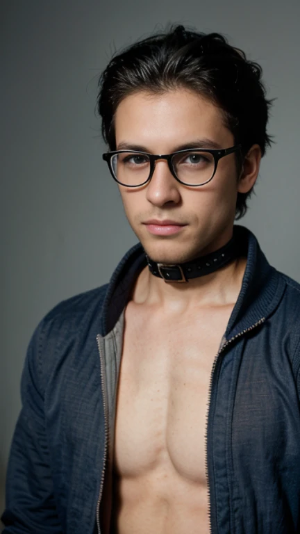 25 year old boy, rostro delgado, sin barba, ojos color azul, cuerpo completo , hiperrealista, con lentes, chaqueta con capucha, serious look, collar en el cuello, cabello de un punk, cabello negro, piel blanca, rostro similar al de Amy lee 