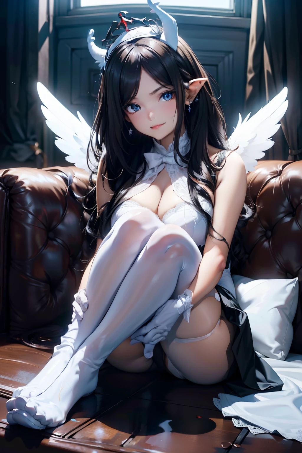 giant girl 50,000 feet high,Weight 1000kg,Has a pair of long legs,Open your eyes wide,Has a pair of huge white angel wings,With huge devil horns on his head,crown on head,Elf wearing white earrings,She has long black hair that reaches her feet,loose hair,Black wavy long curly hair,Wearing a pair of white boots,White lace gloves,White lace pantyhose,Pantyhose with bow and star decorations,White lace whole body,sitting on a tall building,Beautiful appearance,Exquisite makeup,quality,8k,High quality,Perfect proportion, Cinema lighting,film grain,Fuji colors,8k,textured skin,Super details,high detail,high resolution,fake smile,blood stains,Blood stains on the soles of feet,whole body,Obese,elf princess,feather,flowers