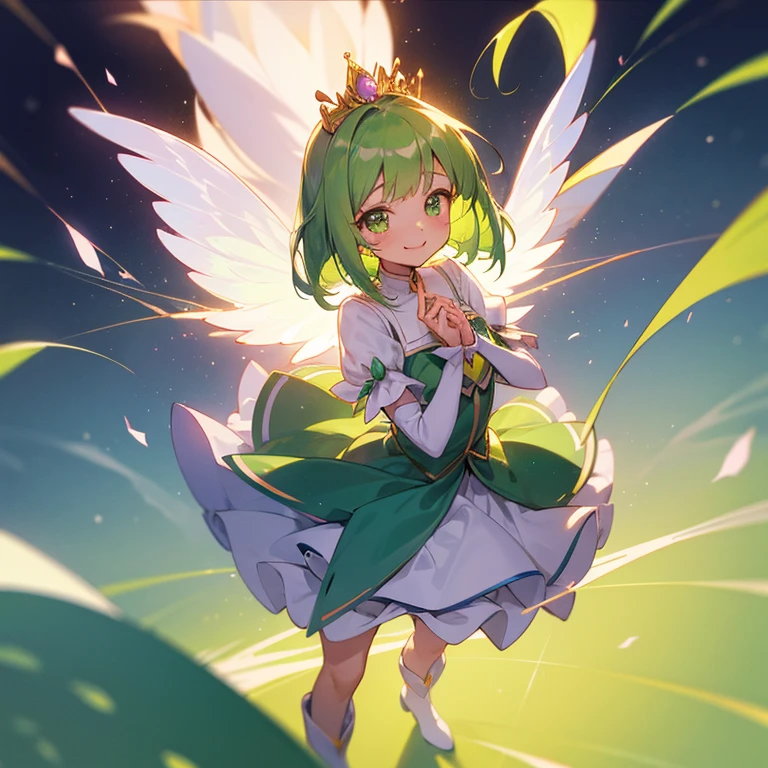 1 Girl, Magical girl, Pretty Cure, (青green)Hair, Bob Hair, Very tiny golden tiara, Green eyes, big and sparkling eyes, Large highlighted eyes, (青green)Magical girl costume, Classic design, Large chest ribbon, (green)Fluffy fluttering skirt, White fluttery sleeves, Long white boots, Pink ribbon, wind magic, Young, short stature, smile, Kindergarteners