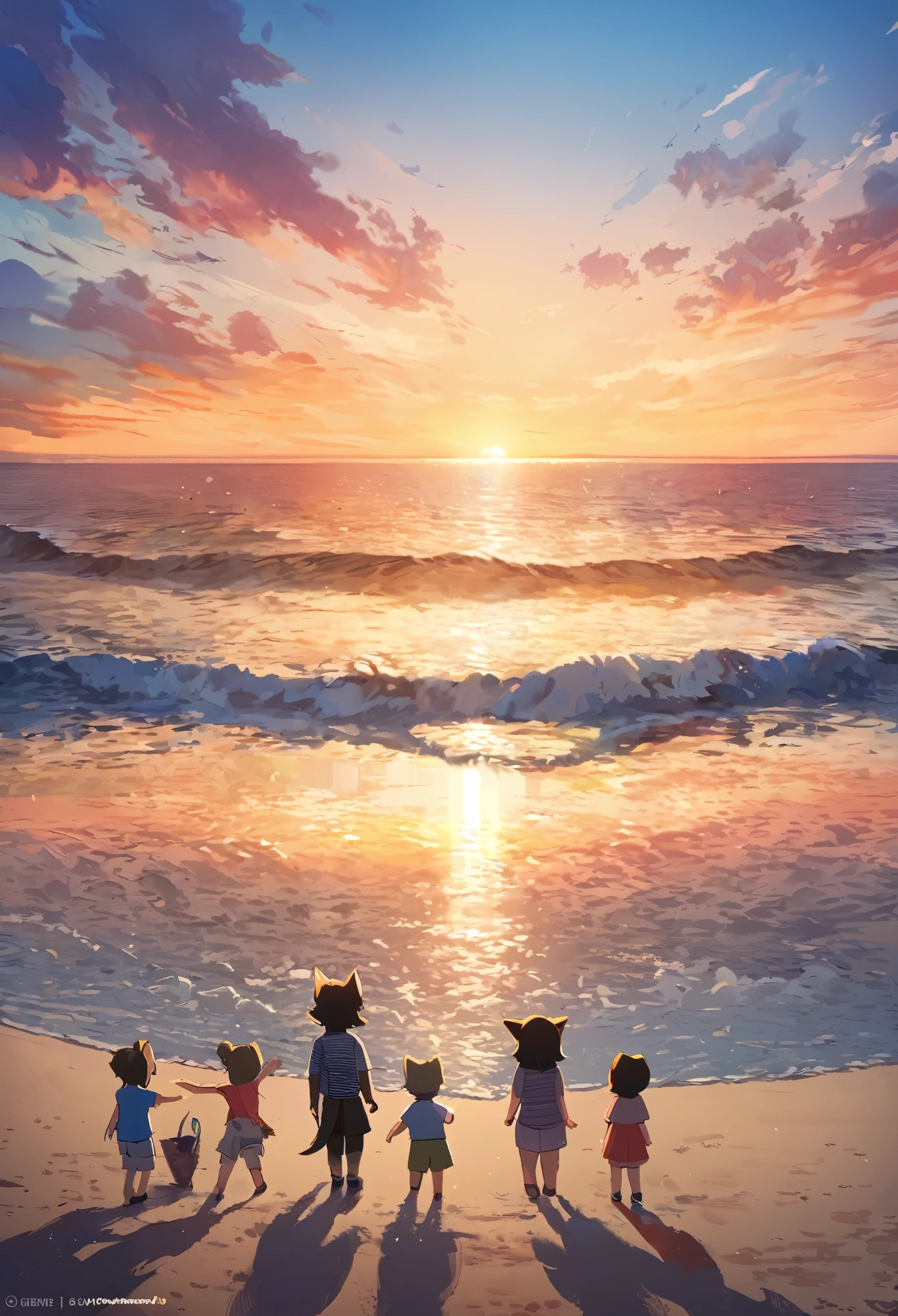 cover page, anime key visual, highres, top quality, best quality, paid reward available, High-quality illustrations, unparalleled masterpiece, perfect artwork, absurdres(family watching sunrise at the beach)((kemono werewolf family with two parents of diverse descents and a child)perfect anatomy, mesmerized by the sunrise, playing with sand and building a sandcastle, serene beach with gentle waves, sky with vibrant colors of dawn, family’s expressions of awe and happiness, moment of peace and togetherness, fan-created work shared on platforms Pixiv or Twitter, cinematic lighting, dynamic angle,