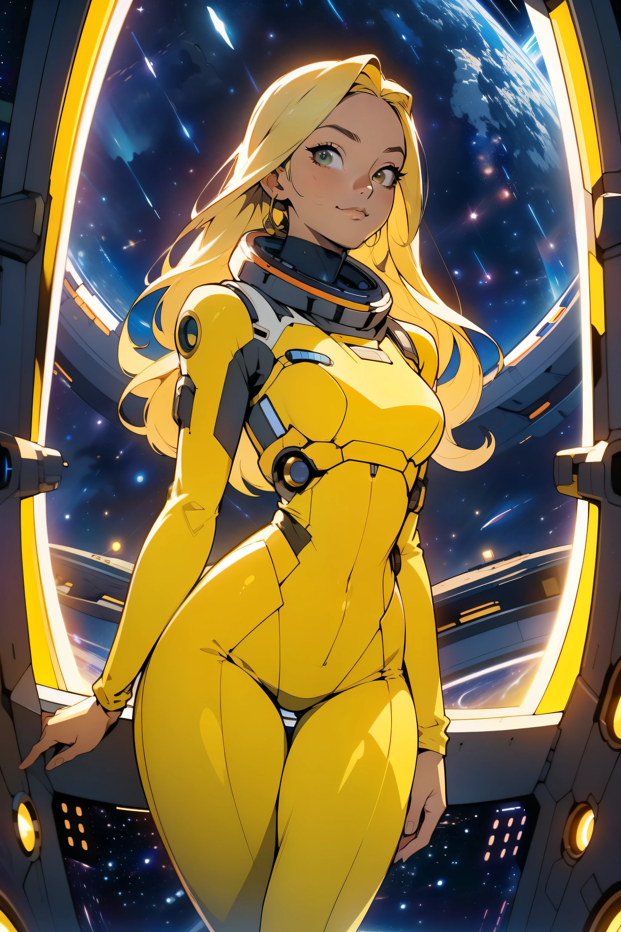 (masterpiece, best quality:1.2), (cowboy shot:1.1), solo, 1girl, mori yuki, slight smile, closed mouth, side view, looking at viewer, blonde hair, long hair, thigh gap, yellow bodysuit, skin-tight, perfect body, large window, (starship porthole:1.3), (spread legs:1.0), (standing:1.1), thigh gap, sensual pose, sideview, perfect hands, bright starship interior, (outer space view:1.1), (orbital view:1.3), (night, stary sky:1.5), milky way