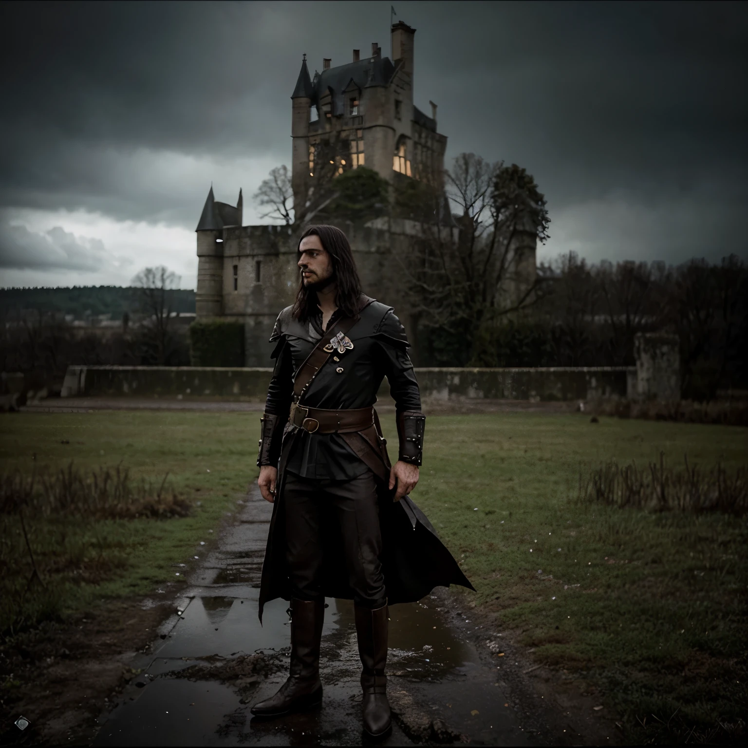 Can you draw me in a “70’s dark fantasy” style in the foreground ,un chevalier mourant sous la pluie ,and in the background a huge ruined castle in the style of an old video game