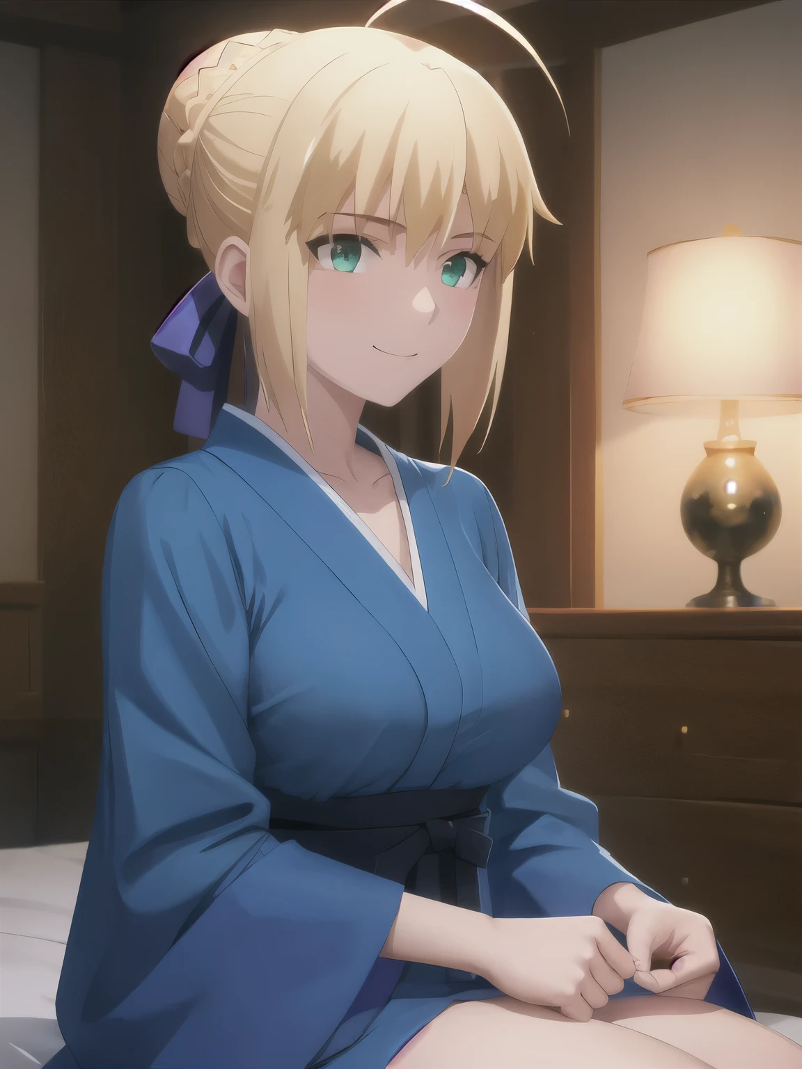 best quality, masterpiece, highres, ray_tracing_graphic, solo, adult_female, {saber_fatestaynightufotable:1.15}, blonde_hair, little_ahoge, green_eyes, blue_ribbon, 1girl, anime_coloring, upper_body, happy, little_smile, five_fingers, blush, blue_yukata, large_breasts, from_the_side, in_the_living_room