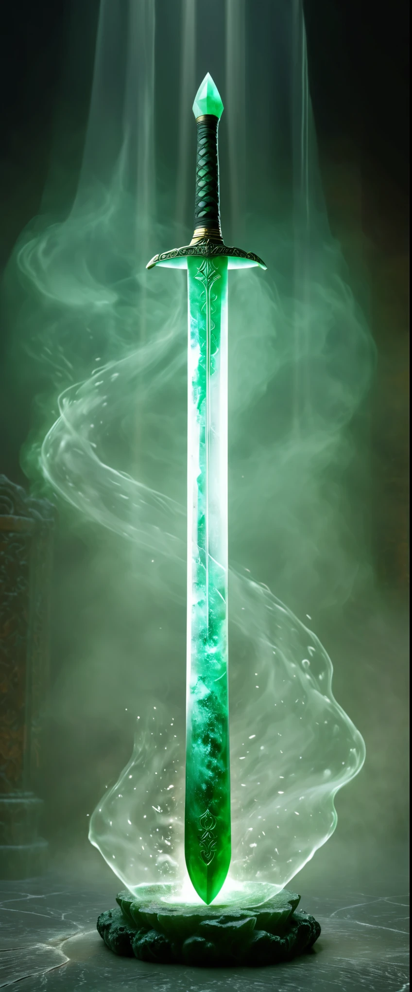 (best quality,4k,8k,highres,masterpiece:1.2),floating:2,ultra-detailed,(realistic,photorealistic,photo-realistic:1.37),sword,floating in the air,luminous green jade sword,emitting white smoke in a starry background,impressive craftsmanship,sharp and gleaming jade blade,magical play of light and shadow.