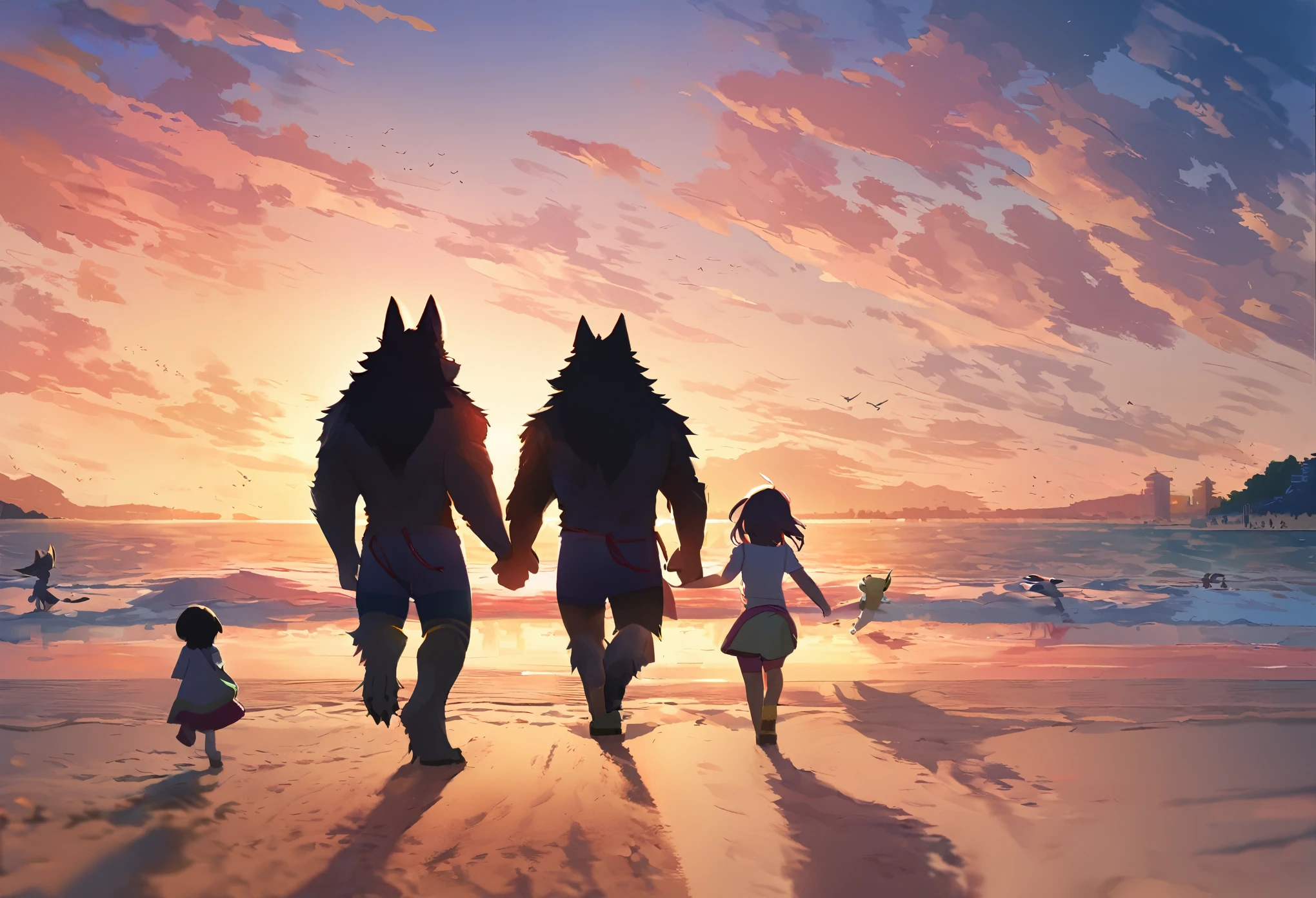 cover page, anime key visual, highres, top quality, best quality, paid reward available, High-quality illustrations, unparalleled masterpiece, perfect artwork, absurdres(family watching sunrise at the beach)((kemono werewolf family with two parents of diverse descents and a )perfect anatomy, mesmerized by the sunrise, playing with sand and building a sandcastle, serene beach with gentle waves, sky with vibrant colors of dawn, family’s expressions of awe and happiness, moment of peace and togetherness, fan-created work shared on platforms Pixiv or Twitter, cinematic lighting, dynamic angle,