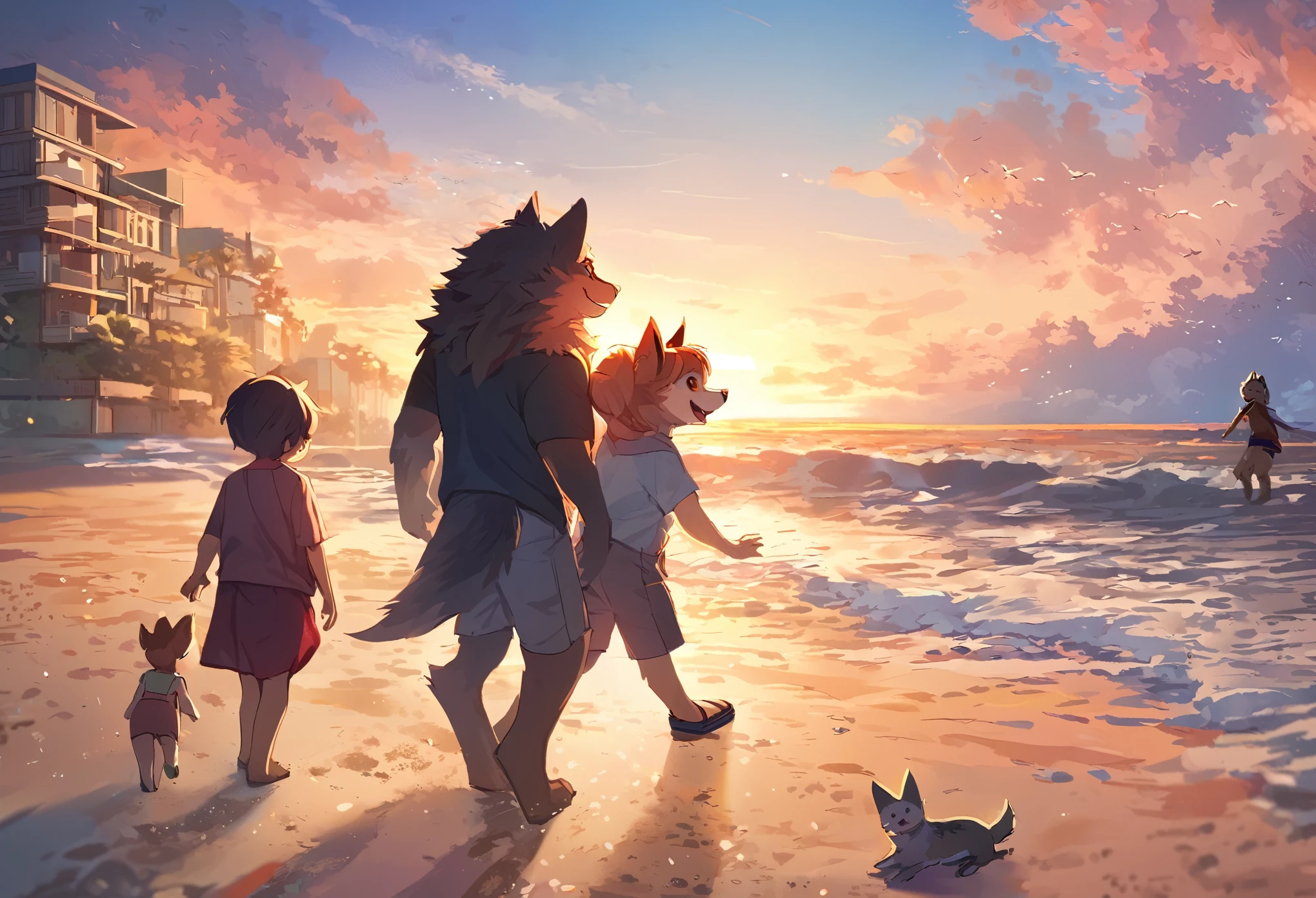 cover page, anime key visual, highres, top quality, best quality, paid reward available, High-quality illustrations, unparalleled masterpiece, perfect artwork, absurdres(family watching sunrise at the beach)((kemono werewolf family with two parents of diverse descents and a )perfect anatomy, mesmerized by the sunrise,  playing with sand and building a sandcastle, serene beach with gentle waves, sky with vibrant colors of dawn, family’s expressions of awe and happiness, moment of peace and togetherness, fan-created work shared on platforms Pixiv or Twitter, cinematic lighting, dynamic angle,