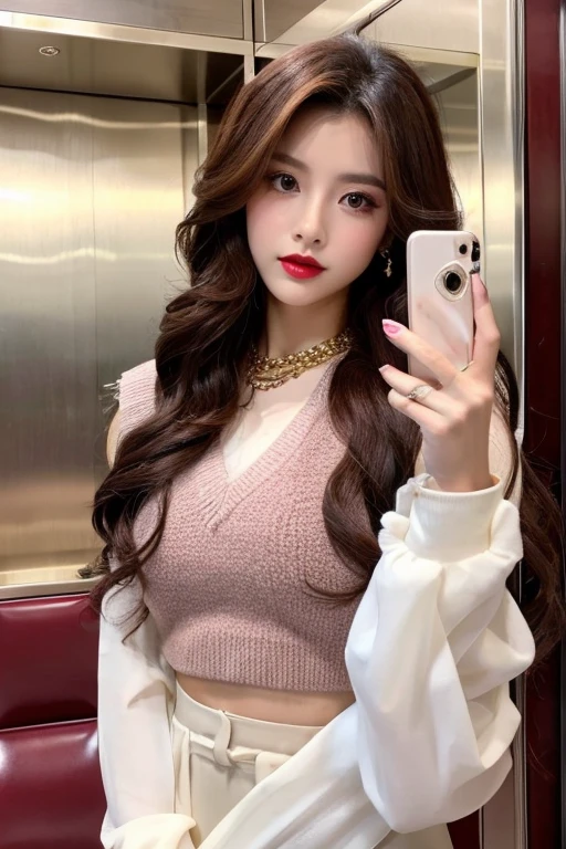 (((Selfie)))、Burgundy long hair、Curly Hair、Department store elevator、Luxurious and gorgeous、Gold decoration、Red Lip、BREAK、white setup、BREAK、Black necklace、Organza long sleeves、Wear a pastel-colored vest、fashionable、Detailed fingers、Detailed Background、Detailed body、looking at the camera、Shooting pose