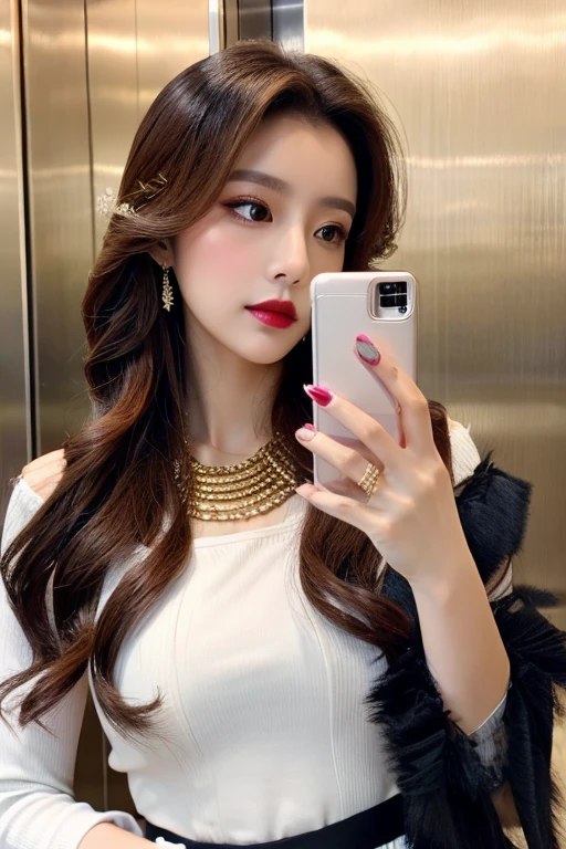 (((Selfie)))、Burgundy long hair、Curly Hair、Department store elevator、Luxurious and gorgeous、Gold decoration、Red Lip、BREAK、white setup、BREAK、Black necklace、Organza long sleeves、Wear a pastel-colored vest、fashionable、Detailed fingers、Detailed Background、Detailed body、looking at the camera、Shooting pose