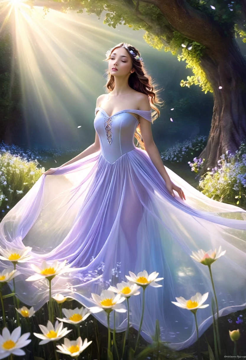 (best quality,4k,8k,highres,masterpiece:1.2),ultra-detailed,(realistic,photorealistic,photo-realistic:1.37),goddess, floating, ground, sheer delicate silks, light source, gentle divine radiance, field of flowers, ethereal, graceful, flowing dress, glowing, divine energy, vibrant colors, surreal, magical, peaceful ambiance, soft petals, enchanting, dreamlike, ethereal beauty, tranquil, shimmering, surreal lighting, fantasy, beauty, magic, surrealistic, graceful movements, captivating, otherworldly, radiant, tranquility, mesmerizing, ethereal atmosphere, delicate features, enchantment, harmonious, serenity, ethereal surroundings, surreal landscape, ethereal glow, delicate flowers, mystical, heavenly, graceful posture, uplifting, otherworldly realm, tranquility, surreal atmosphere, soft and vibrant hues, glowing aura, blissful