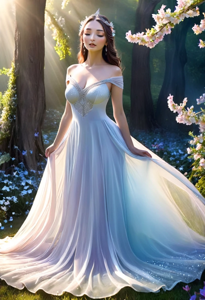 (best quality,4k,8k,highres,masterpiece:1.2),ultra-detailed,(realistic,photorealistic,photo-realistic:1.37),goddess, floating, ground, sheer delicate silks, light source, gentle divine radiance, field of flowers, ethereal, graceful, flowing dress, glowing, divine energy, vibrant colors, surreal, magical, peaceful ambiance, soft petals, enchanting, dreamlike, ethereal beauty, tranquil, shimmering, surreal lighting, fantasy, beauty, magic, surrealistic, graceful movements, captivating, otherworldly, radiant, tranquility, mesmerizing, ethereal atmosphere, delicate features, enchantment, harmonious, serenity, ethereal surroundings, surreal landscape, ethereal glow, delicate flowers, mystical, heavenly, graceful posture, uplifting, otherworldly realm, tranquility, surreal atmosphere, soft and vibrant hues, glowing aura, blissful
