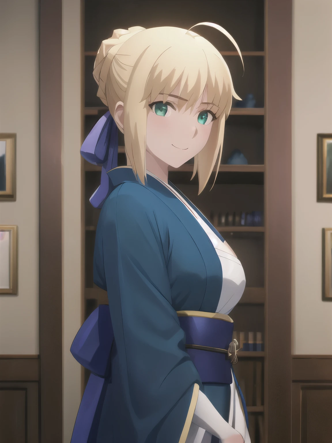 best quality, masterpiece, highres, ray_tracing_graphic, solo, adult_female, {saber_fatestaynightufotable:1.15}, blonde_hair, little_ahoge, green_eyes, blue_ribbon, 1girl, anime_coloring, upper_body, happy, little_smile, five_fingers, blush, blue_kimono, large_breasts, from_the_side, in_the_living_room