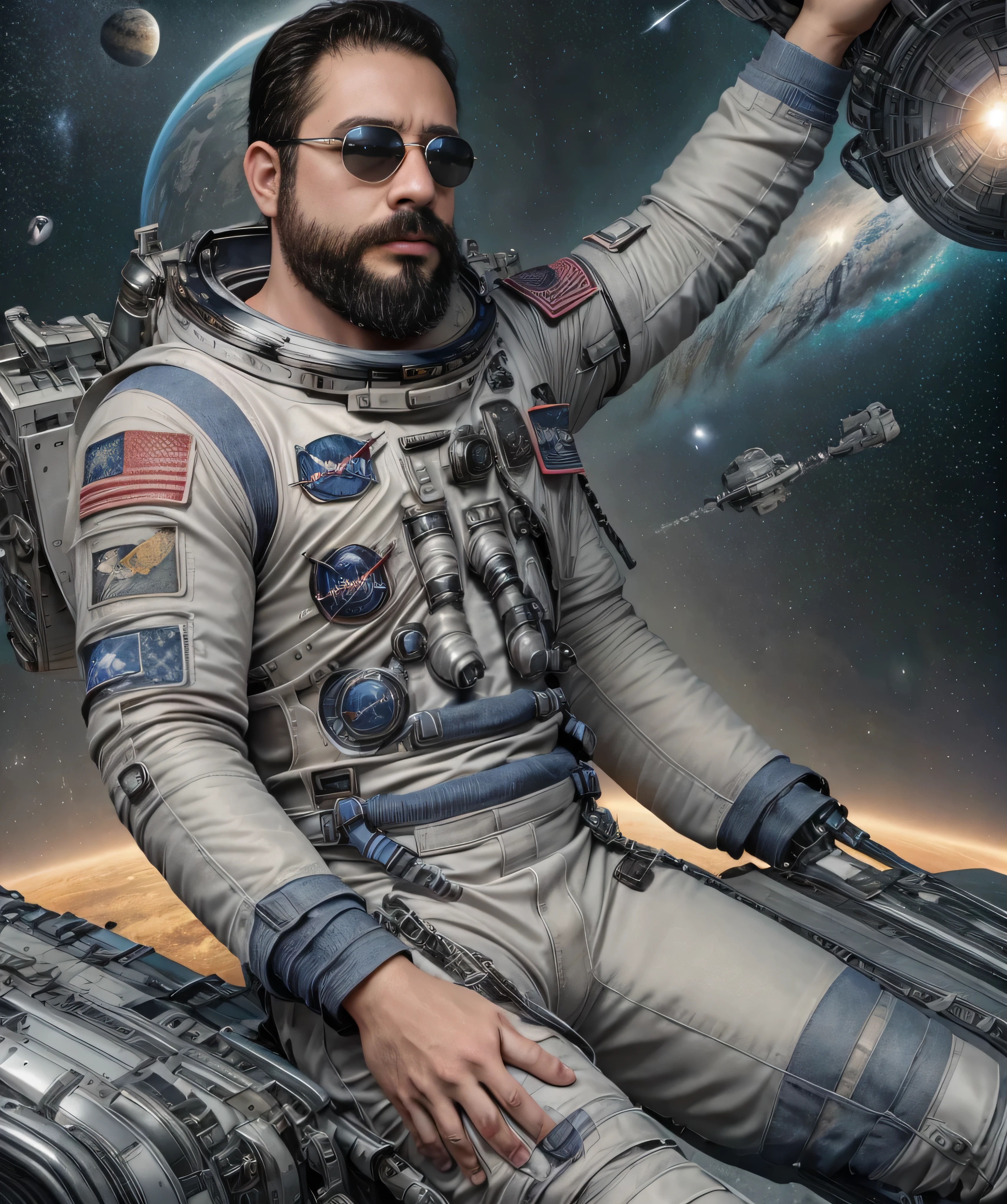 Obra maestra, desenfoque de campo, Parte superior del cuerpo, Hands in pants pockets, 38 year old chubby man with beard and square sunglasses.. Man in astronaut shirt in a space movie with a sunburst in the background. Traje de astronauta.