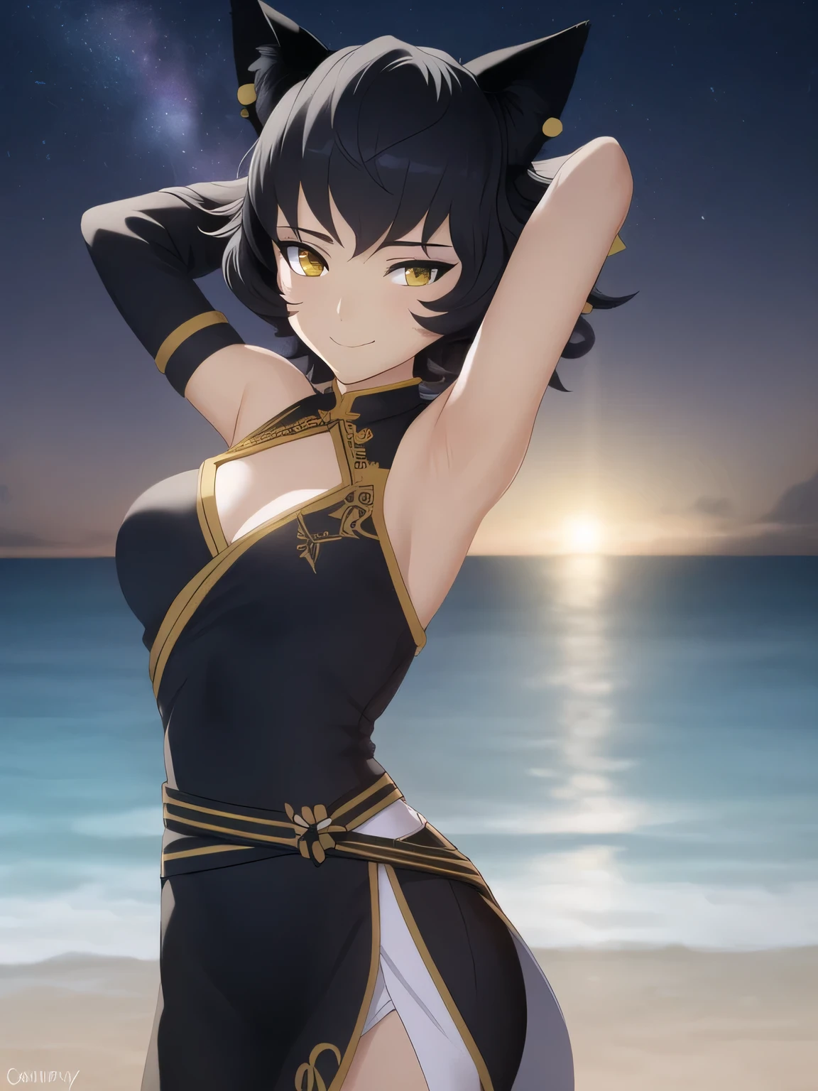 8k, highly detailed,
kali belladonna,
dress,
solo, night sky, beach, kali belladonna, contrapposto, closed mouth, spread armpit, arms behind head, smile, looking at viewer, (cowboy shot:1.5),