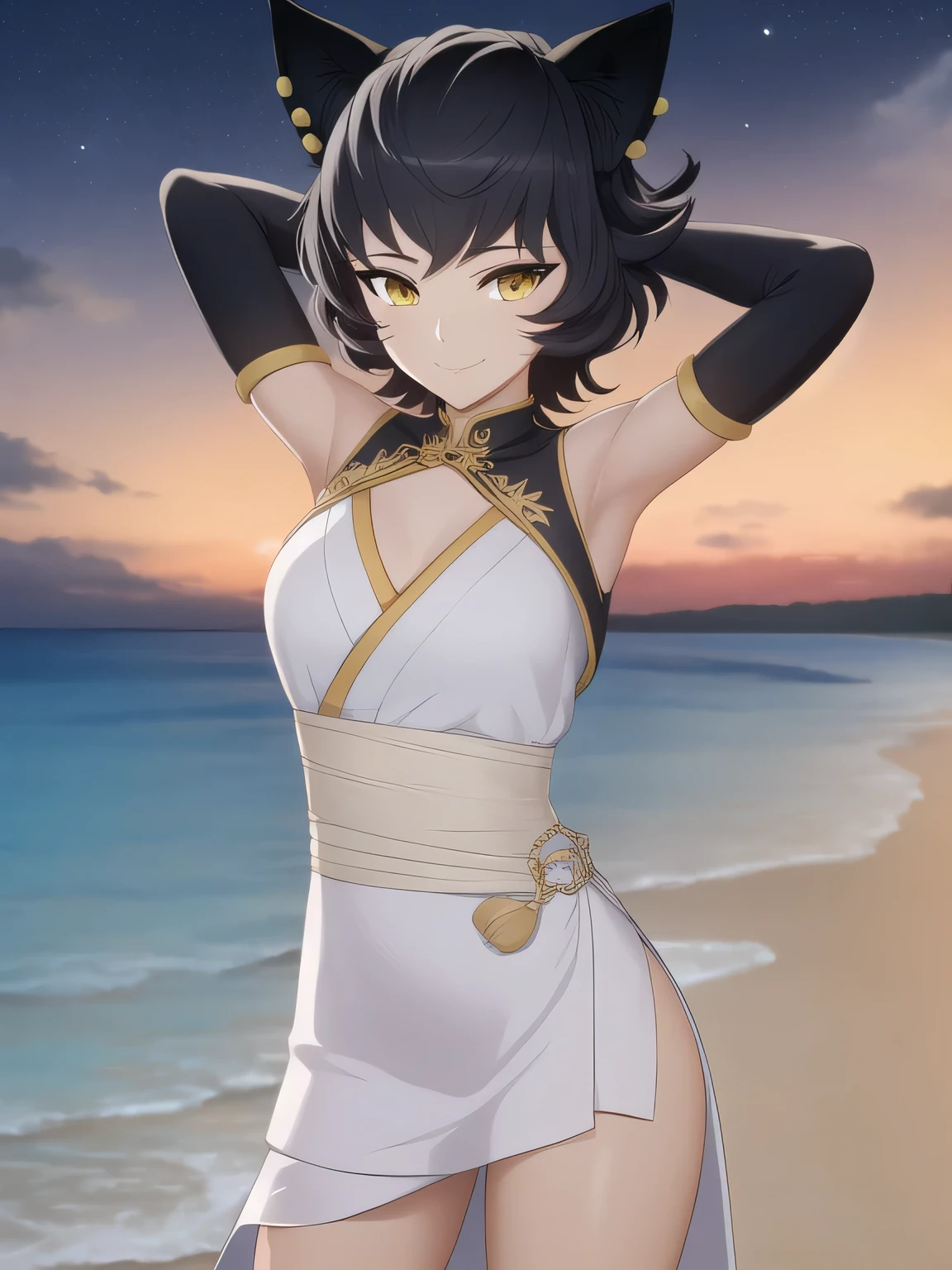 8k, highly detailed,
kali belladonna,
dress,
solo, night sky, beach, kali belladonna, contrapposto, closed mouth, spread armpit, arms behind head, smile, looking at viewer, (cowboy shot:1.5),