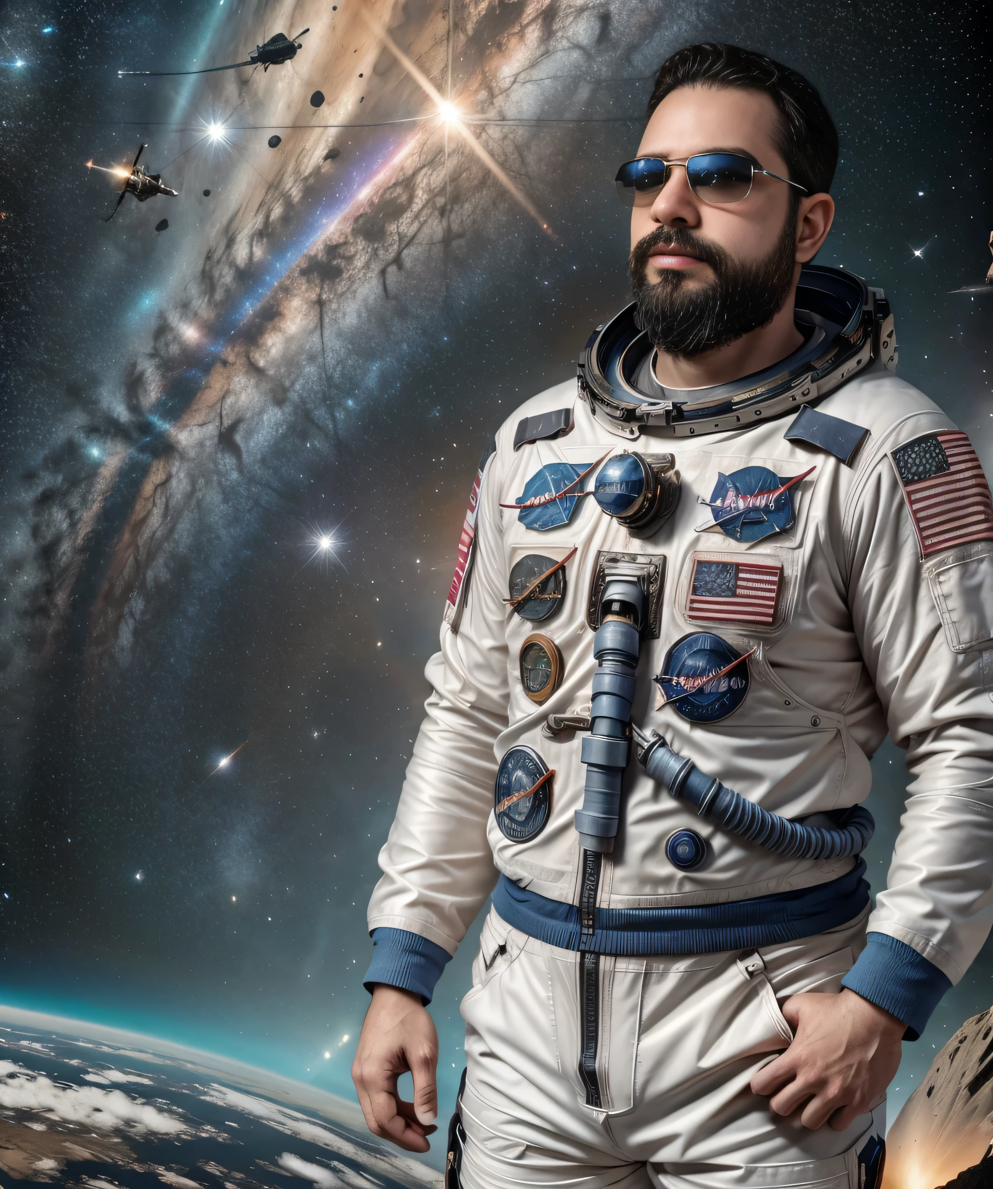 Obra maestra, desenfoque de campo, Parte superior del cuerpo, Hands in pants pockets, 38 year old chubby man with beard and square sunglasses.. Man in astronaut shirt in a space movie with a sunburst in the background. Traje de astronauta.