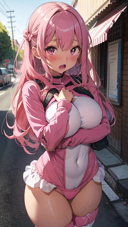 mastute piece,Best Quality,insanely detailed,8k cg,
shoot upper body,
1woman,18age,standing,body in front,looking at viewer,(pink rider-suit),break,
blush,shy,(trembling:1.2),pink hair,break,open mouth,large breast,paved road,