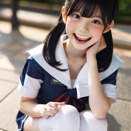 Japanese,,Twin tails,look up,Please open your mouth wide,Sticking out tongue,Showing tongue,cute,Summer sailor uniform,Sitting,Knee-high socks