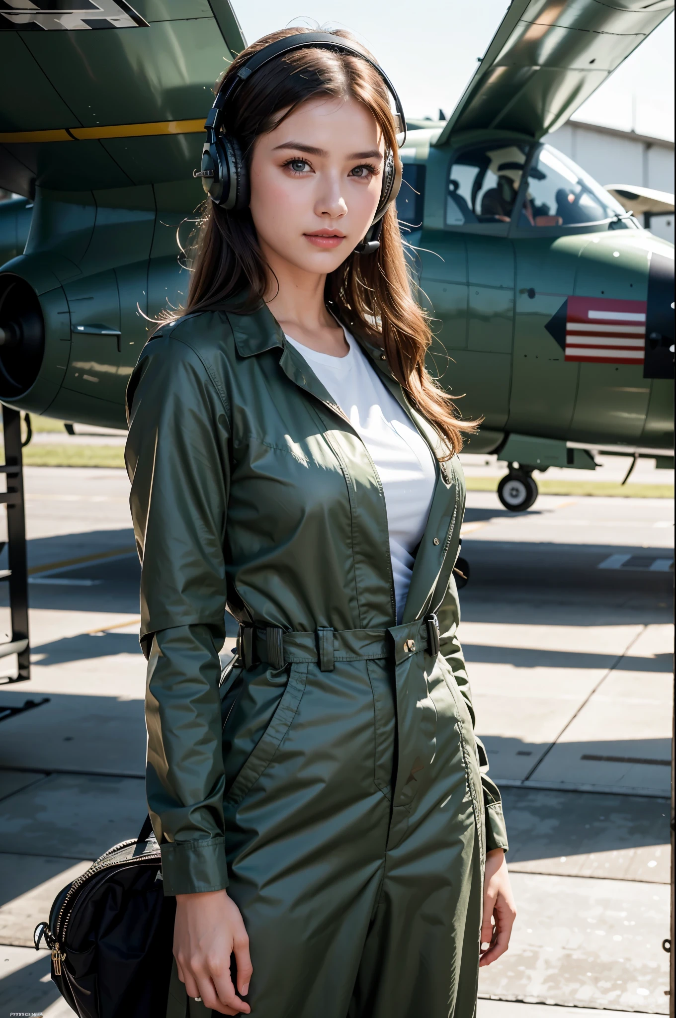 Best quality, ((professional photograph, RAW photo)), Insanely realistic, an extremely delicate and beautiful, ultra high res, realistic lighting and shading, (Realistic image of a extremely pretty female Aircraft mechanic, solo), Inside a spacious Aircraft hangar, Monoplane fighters of the World War II era line the background, Aircraft parts tered on the floor, Tools for maintenance, She does aircraft maintenance, (wearing Military camouflage patterned Long-sleeved mechanic's coverall), (wearing mechanic's heavy-duty glove), (Wearing a headset), her hair is tied back later, very professional mechanic, inscrutable smile, ((extremely beautiful depiction of the eyes and face)), (insanely beautiful natural skin texture), Accurate eyes, Accurate hands, Well-balanced overall body