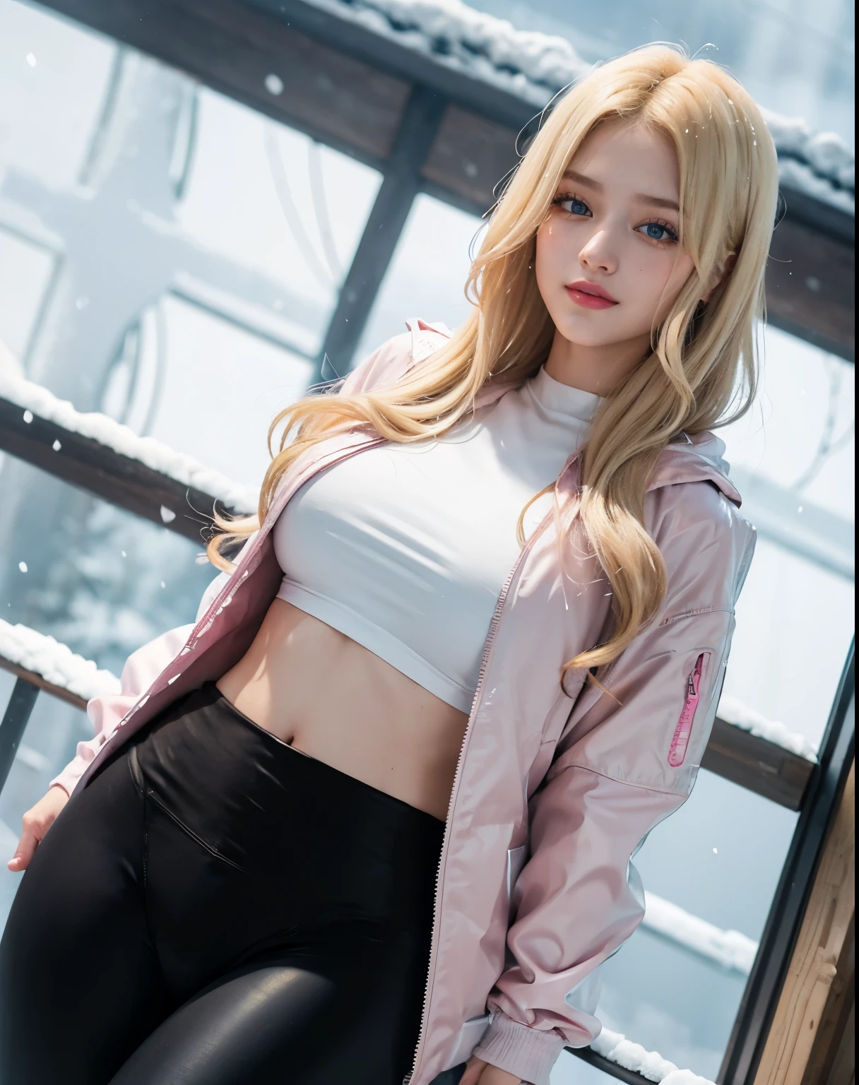 1girl, (Blue Eyes), (smiling :1.2), (Sana Minatozaki), (beautiful make-up :1.2), wide hips, Big tits, big ass, (thin waist: 1.2), (thick and toned thighs), (Best Quality, 8k, Masterpiece: 1.3), Clear Focus: 1.2, Perfect Body Beauty: 1.4, strong abs, Highly detailed face and skin texture, detailed eyes, double eyelids, (blond long wavyt hair :1.2), (black spandex spandex leggings :1.3), (pink and white waterproof winter jacket :1.2), standing, dynamic pose, next to a cabin, in a sky station, snowing, winter, cold, blurred background