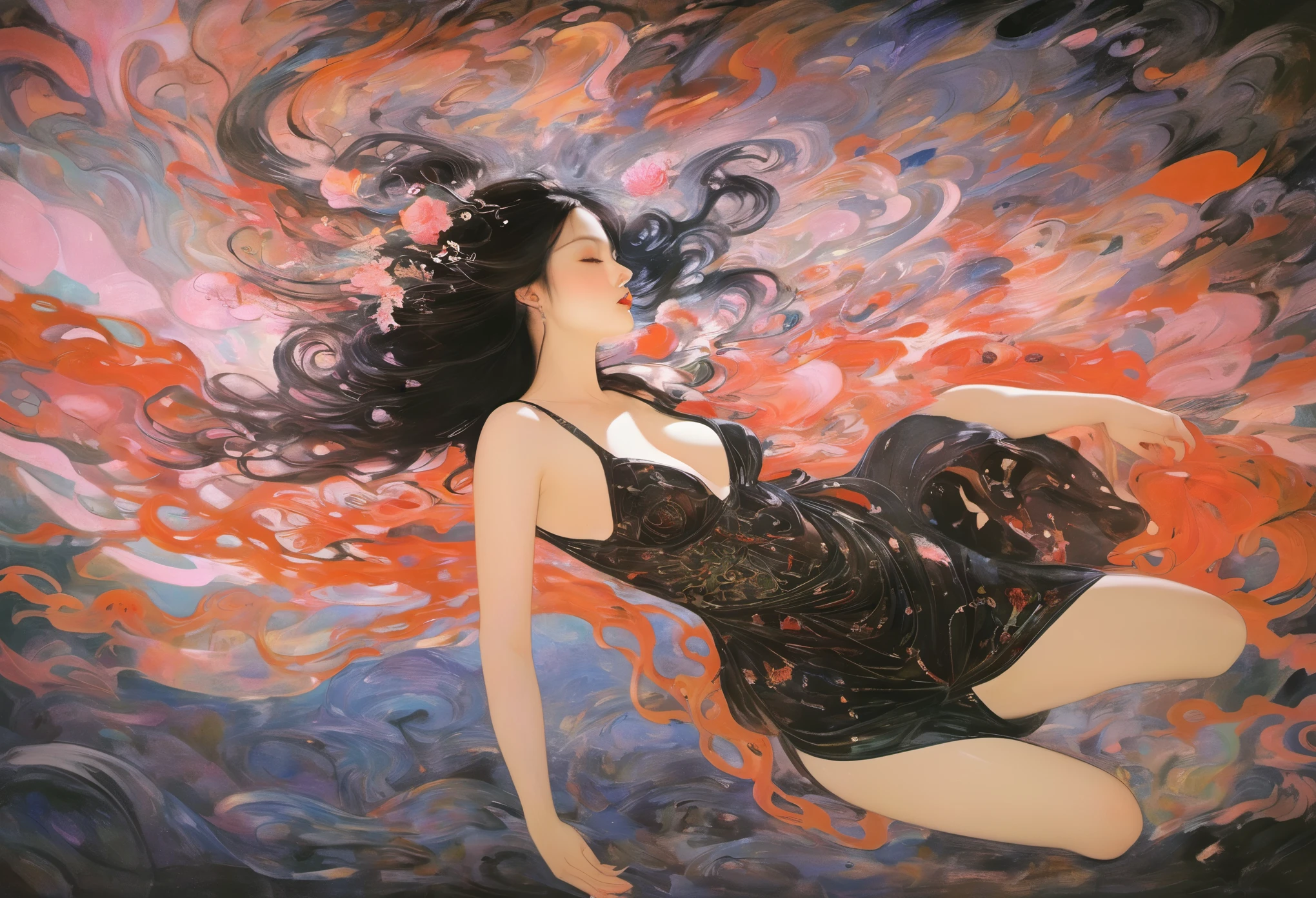 A provocative painting,whole body,flight,Flying,float,Anatomically correct:2,Depicting a girl from hell,float在迷人的红黑色烟云中, embodying the allure and power ,epic ,heightens the theatricality and mystique of her character. ,Otherworldly beauty and glamour., Enhances feminine charm and awesome presence.,Clever use of light and shadow,Adds depth and drama to the scene., Draws audiences into a narrative of dark elegance and intrigue. This masterpiece, Created by the famous painter Gustav Klimt, Delve deep into the realms of fantasy and mythology, Inviting viewers to explore the complexity of beauty, strength, and the mysterious lady from hell. float,float:2