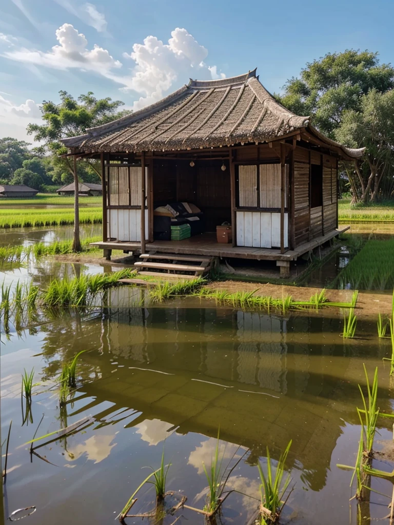 Hut at the end of the rice field, good atmosphere, wind blowing, clear sky