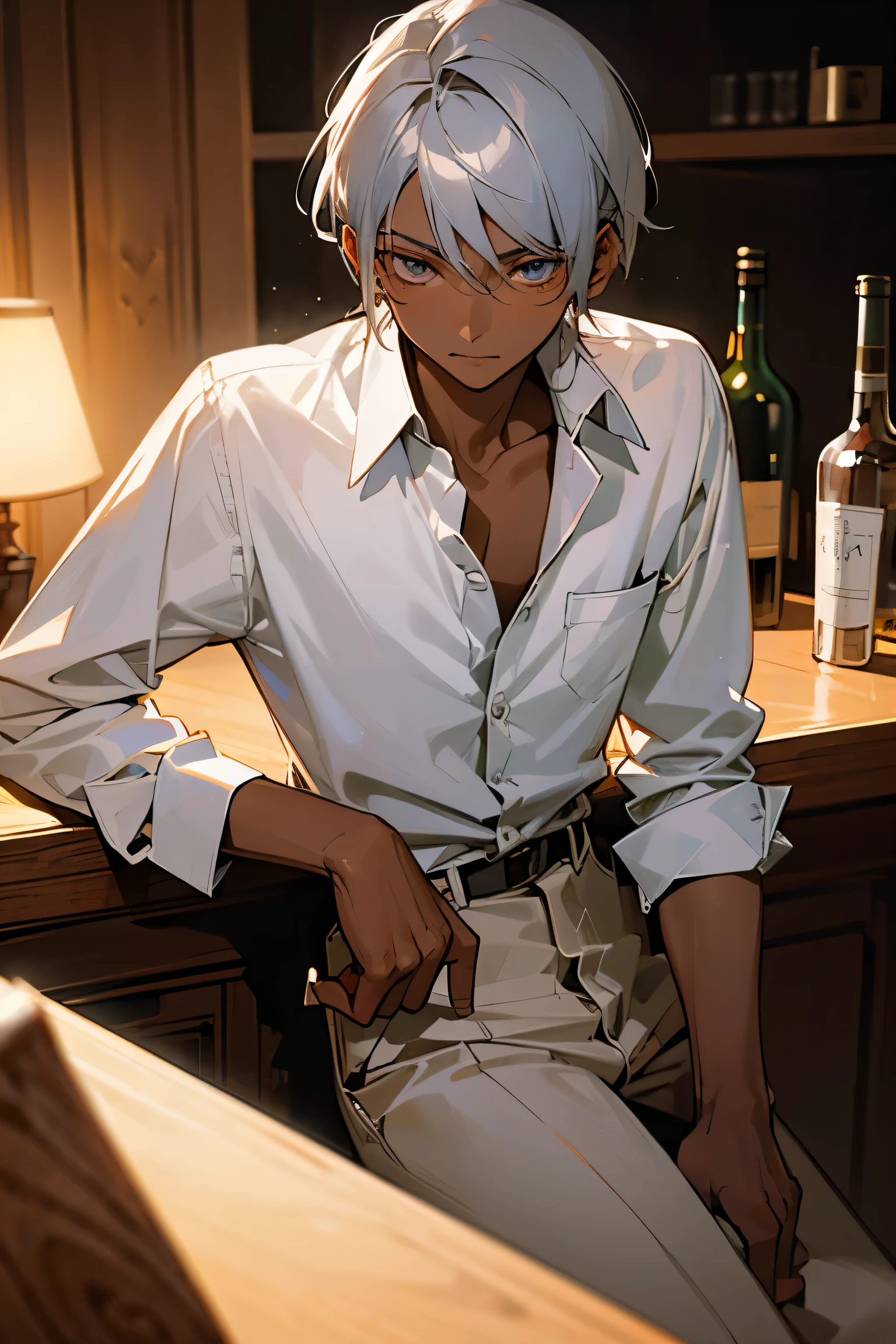 silver hair, dark skin, 20 year old boy, cute, slightly feminine features, strictly no negative prompt, portait, in bar, white button down shirt, sitting, table, alcohol, white