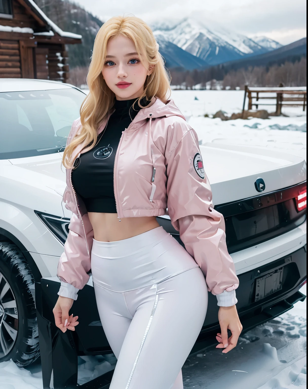 1girl, (Blue Eyes), (smiling :1.2), (Sana Minatozaki), (beautiful make-up :1.2), wide hips, Big tits, big ass, (thin waist: 1.2), (thick and toned thighs), (Best Quality, 8k, Masterpiece: 1.3), Clear Focus: 1.2, Perfect Body Beauty: 1.4, strong abs, Highly detailed face and skin texture, detailed eyes, double eyelids, (blond long wavyt hair :1.2), (black spandex spandex leggings :1.3), (pink and white waterproof winter jacket :1.2), standing, dynamic pose, next to a cabin, snowing, winter, cold, mountains in the background