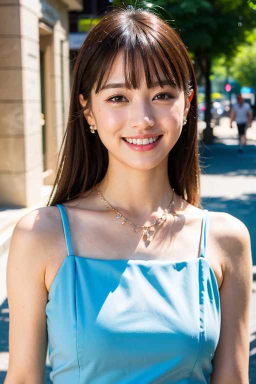 Top quality, ultra high resolution, (photorealistic: 1.4), dull bangs, bright smile, flower dress,street background,necklace,earring,cowboy shot