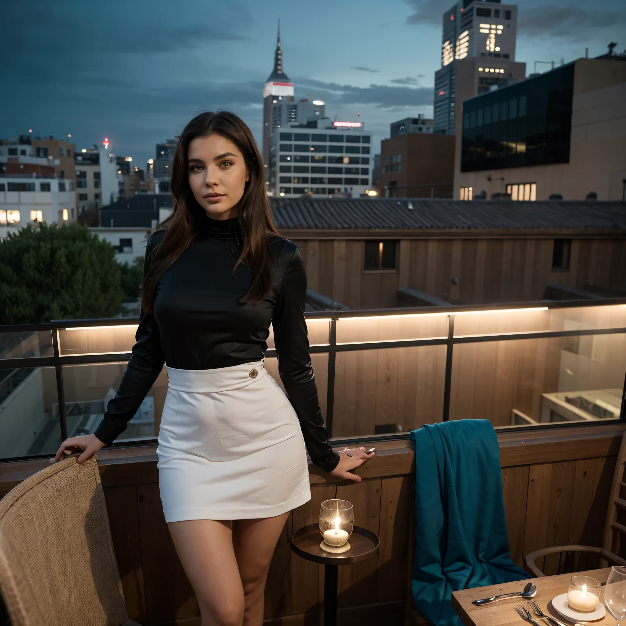 30 year old Scandinavian glamor model., con ojos detallados, long eyelashes, cabeza suave, senos grandes, cintura fina, pelo largo, Brown hair on a rooftop with panoramic views of the city., nuestra fashionista digital celebra la noche con elegancia. Con un vestido largo azul marino, ella disfruta de la brisa nocturna mientras disfruta de una cena en un restaurante de moda, transformando el entorno urbano en tu propia pasarela glamorosa