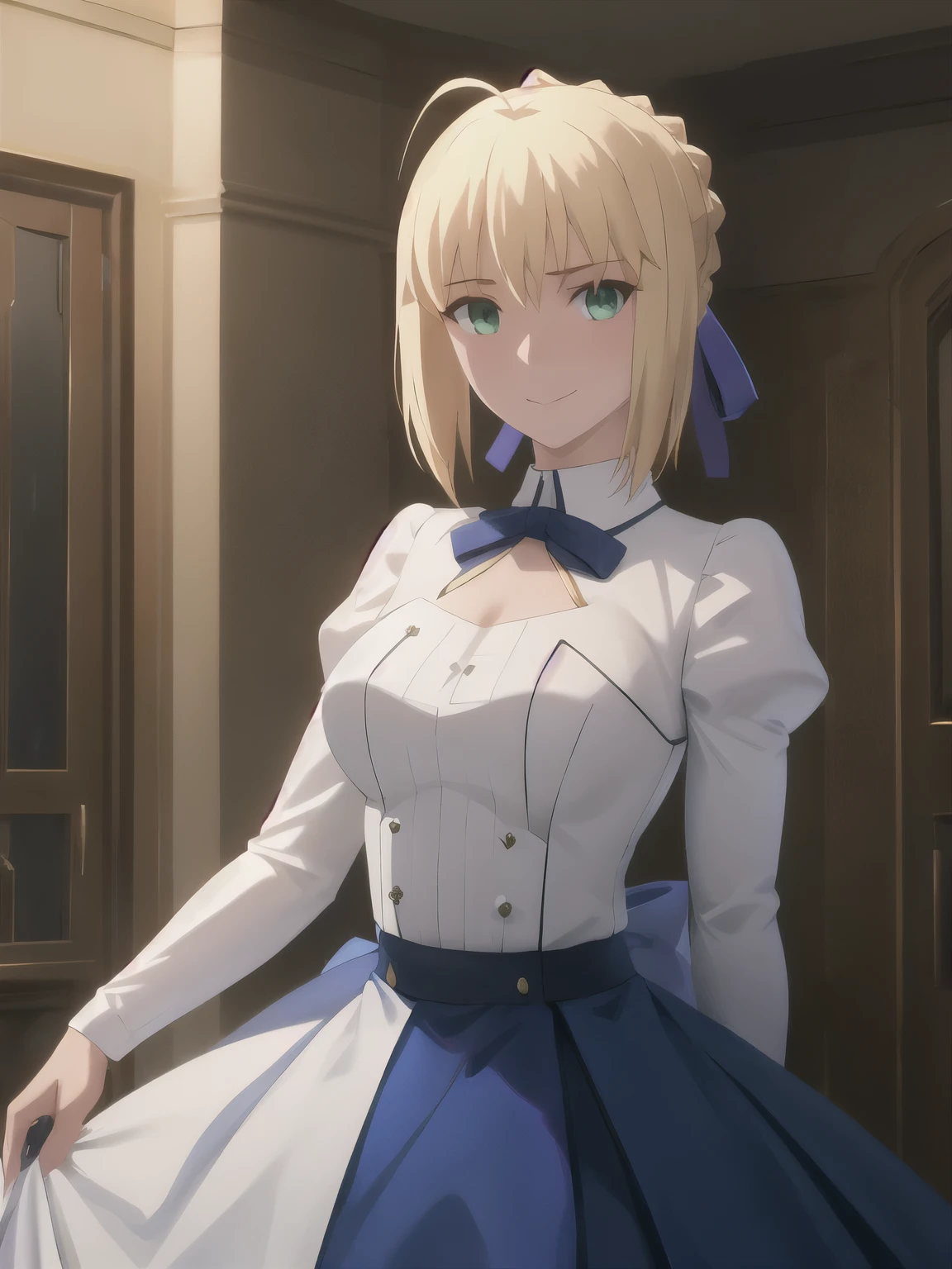 best quality, masterpiece, highres, ray_tracing_graphic, solo, adult_female, {saber_fatestaynightufotable:1.15}, blonde_hair, little_ahoge, green_eyes, blue_ribbon, 1girl, anime_coloring, upper_body, happy, little_smile, five_fingers, blush, modern_party_dress, large_breasts, from_the_front, in_the_living_room