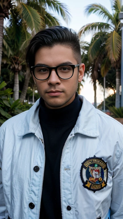 25 year old boy, rostro delgado, sin barba, ojos color azul, cuerpo completo , hiperrealista, con lentes, chaqueta con capucha, serious look, collar en el cuello, cabello de un punk, cabello negro, piel blanca, realista, posando sentado en un parque