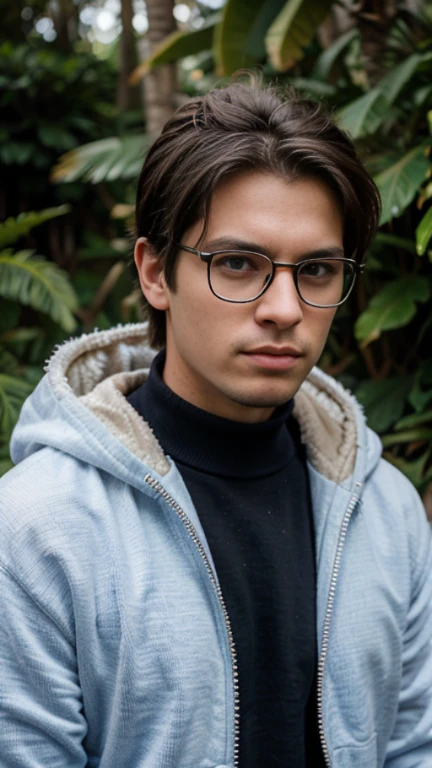 25 year old boy, rostro delgado, sin barba, ojos color azul, cuerpo completo , hiperrealista, con lentes, chaqueta con capucha, serious look, collar en el cuello, cabello de un punk, cabello negro, piel blanca, realista, posando sentado en un parque