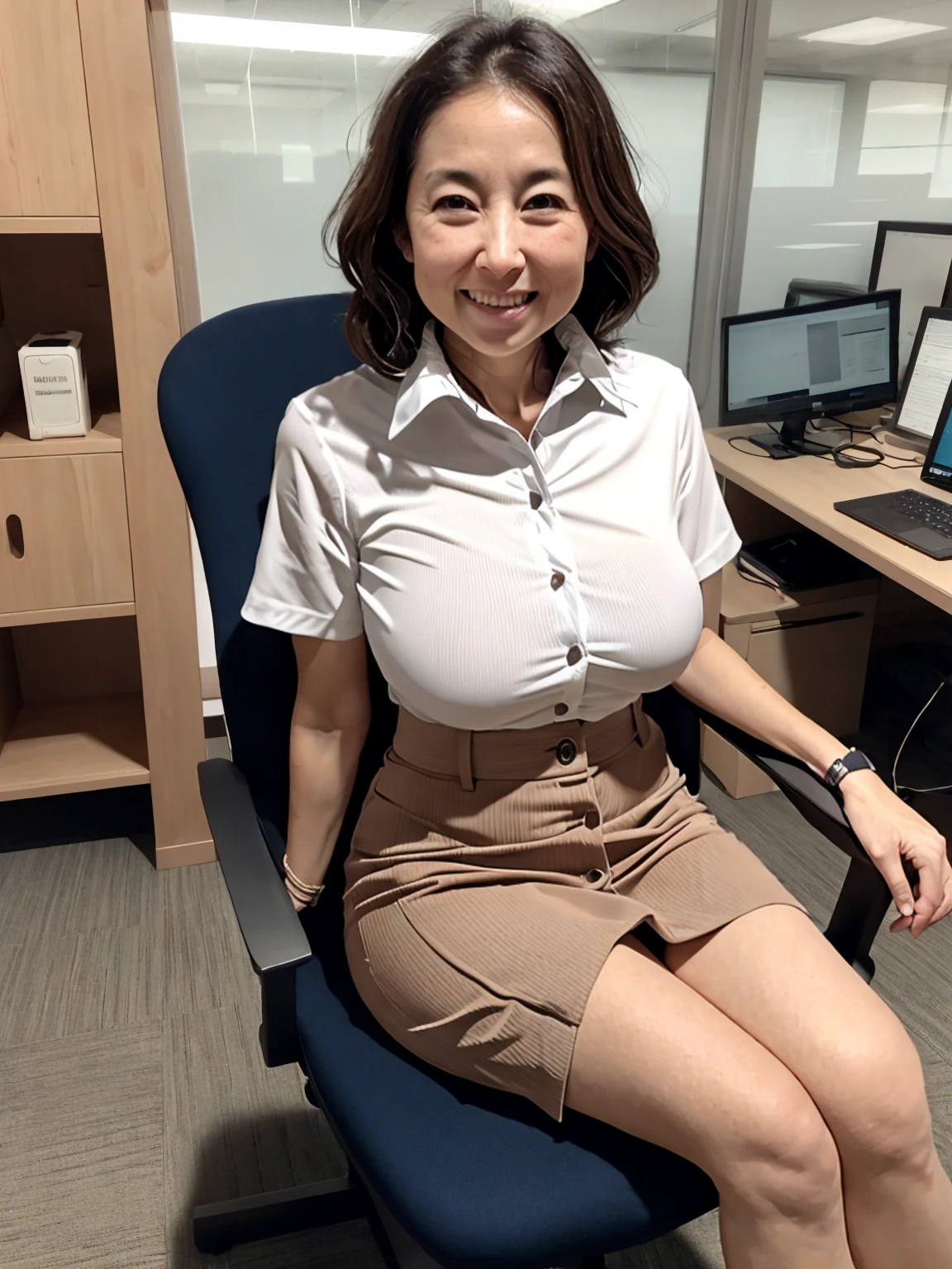 ((50 year old mature woman:1.5)),Wrinkles around the eyes,Japanese women、sexy,Fine skin、Star Piece、Beautiful breasts High quality、Perfect Sentence、so beautiful、High resolution face、Light makeup、Beautiful ass high quality、Glowing Beautiful Skin、Glowing Beautiful Skin step piece、Transparent beauty、Realistic、smile、Looking at the camera、Whitening skin、maStar Piece、Wavy Hair、Girlfriend、A tight-fitting shirt with a collar and buttons、Tight mini skirt、(Large Breasts)、Thin and beautiful legs、Slender、Sitting in a chair in the office