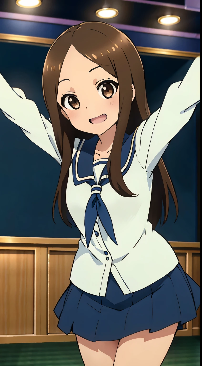 (Realistic),(Realistic),Takagi_Mr. Miss., Height 155 cm，One Girl, Long Hair,Brown Hair, Parted bangs, Brown eyes, ((Idolのコスプレ))，Idol，Navy blue ribbon，Black blouse with white frills，Black skirt with white ruffles,(Provocative smile), whole body, ((dance))，Extremely exciting，highest quality, (colorful), Ray Tracing,Highly detailed CG Unity 8k wallpaper,((The background is on the stage of a live house，たくMr. Miss.のステージ照明, fantastic))．