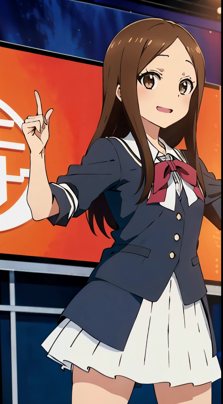 (Realistic),(Realistic),Takagi_Mr. Miss., Height 155 cm，One Girl, Long Hair,Brown Hair, Parted bangs, Brown eyes, ((Idolのコスプレ))，Idol，Purple ribbon，Black blouse with white frills，Black skirt with white ruffles,(Provocative smile), whole body, ((dance))，Extremely exciting，highest quality, (colorful), Ray Tracing,Highly detailed CG Unity 8k wallpaper,((The background is on the stage of a live house，たくMr. Miss.のステージ照明, fantastic))．