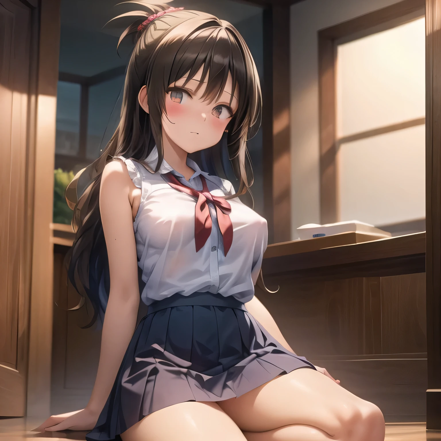 realistically, brown eyes, ponytail, glowing eyes, white short skirt, very short skirt, Blush, daytime, Wet from the rain, see through, sleeveless shirt, nipples, pussy, crotch, smile, Sit with your knees raised, windy, yuki mikan, the skirt is turned up, highest quality, High resolution, highly detailed face, perfect lighting, Very detailed CG, (perfect hands, perfect anatomy), hand pulled skirt up,