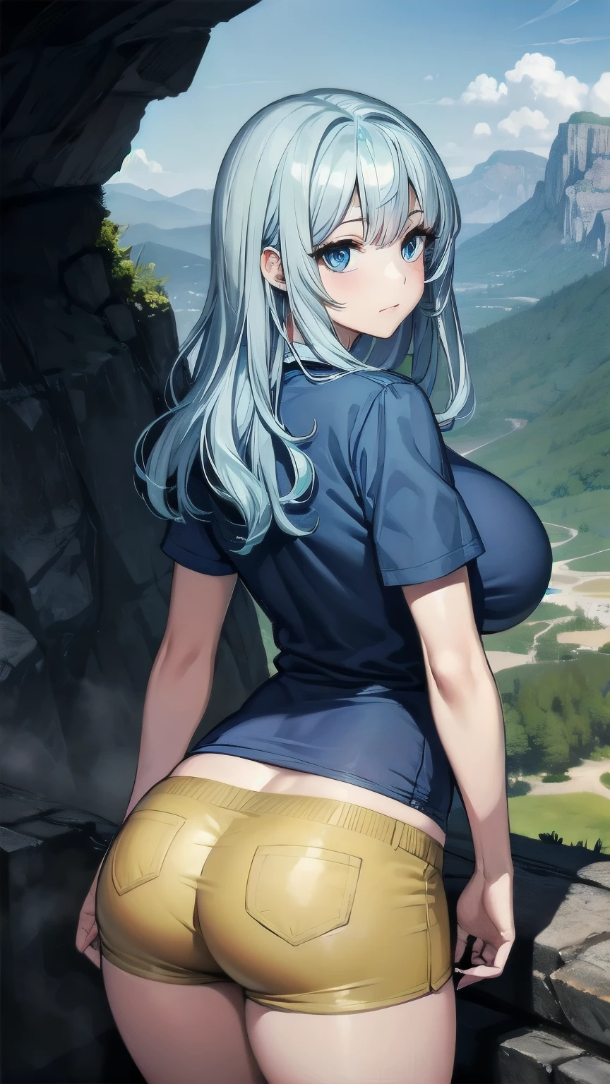 (masterpiece), best quality, expressive eyes, perfect face, 1girl, solo, huge breasts, , blunt bangs, hourglass figure, milf, mother, long hair, wavy hair, (light blue hair BREAK light blue eyes BREAK) lipstick, :/, closed mouth, hike, mountais, mountainous road, rocks, from behind, looking back, big butt, blue shirt BREAK yellow shorts BREAK short sleeves 