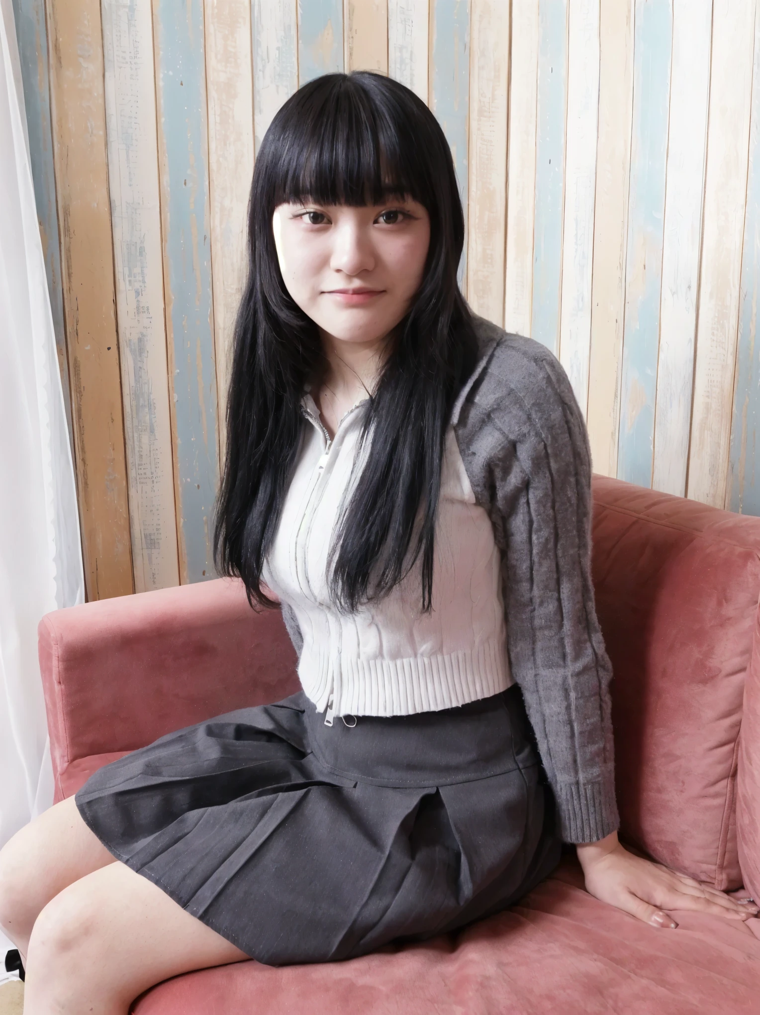 arafed asian woman sitting on a pink couch in a room, with straight black hair, sui ishida with black hair, taken with canon eos 5 d, portrait of a japanese , taken with a canon eos 5 d, taken with a canon eos 5d, of a youthful japanese girl, ai yazawa, kimi takemura