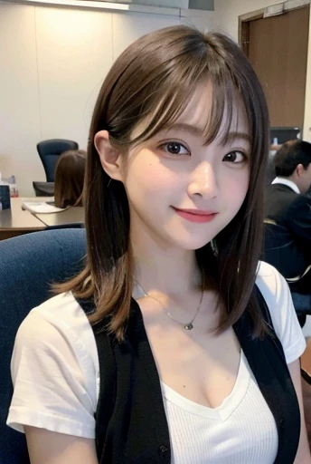 (((Medium Hair))), highest quality, 8k, んdebtdebt, High Resolution, Absurd:1.2, picture, (Raw photo:1.2), (Photorealistic:1.4), (masterpiece:1.3), (Intricate details:1.2), One Girl, solo, Japanese girl, 繊細in美しいディテール, (Detailed eyes), (Detailed  features), , (((Small ))), Firm Skin, (look up_in_Audience), from_front, (skin), (highest quality:1.4), (超A high resolution:1.2), Cinematic light, (Highly detailed illustration), (Lip gloss、highest quality、超A high resolution、Depth of written boundary、Caustics、Broad Lighting、Natural Shading、85mm、debt / 1.4、ISO 200、1 / 160 seconds:0.75)、One Girl、solo、Casual wear、Laughter、uniform、necklace、、、Nogizaka Idol、Gravure idol pose、Beauty、通りin、officeレディー、(office)、shirt、work