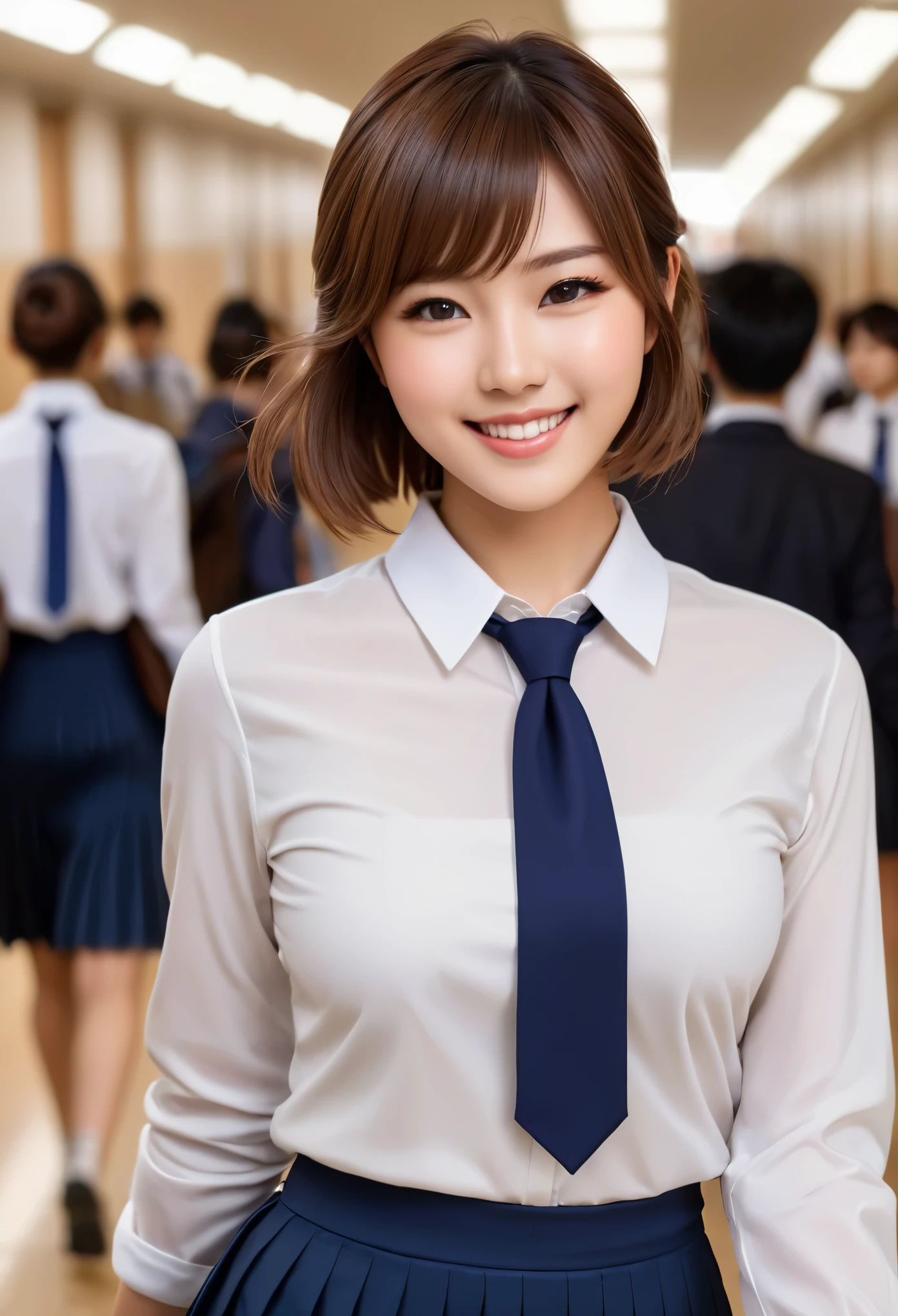 product quality, 1girl, upper body shot, front view, a Japanese young pretty woman, 18 years old, short hair, walking with a big smile on a crowded school hallway, brown school bag over her shoulder, glamorous figure, wearing a long sleeve white collared shirt with a dark blue plain long tie, wearing a dark blue pleated long skirt, hyper cute face, glossy lips, double eyelids in both eyes, natural makeup, long eyelashes, shiny smooth light brown hair, busty, asymmetrical bangs, fair skin, central image, high resolution, high detail, detailed hairstyle, detailed face, spectacular cinematic lighting, octane rendering, vibrant, hyper realistic, perfect limbs, perfect anatomy